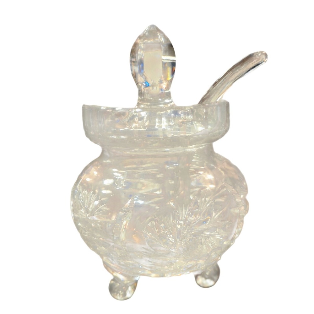 Vintage ICrystal Cut Glass Honey Jam Jar 3 Legged Pot with Lid & Spoon